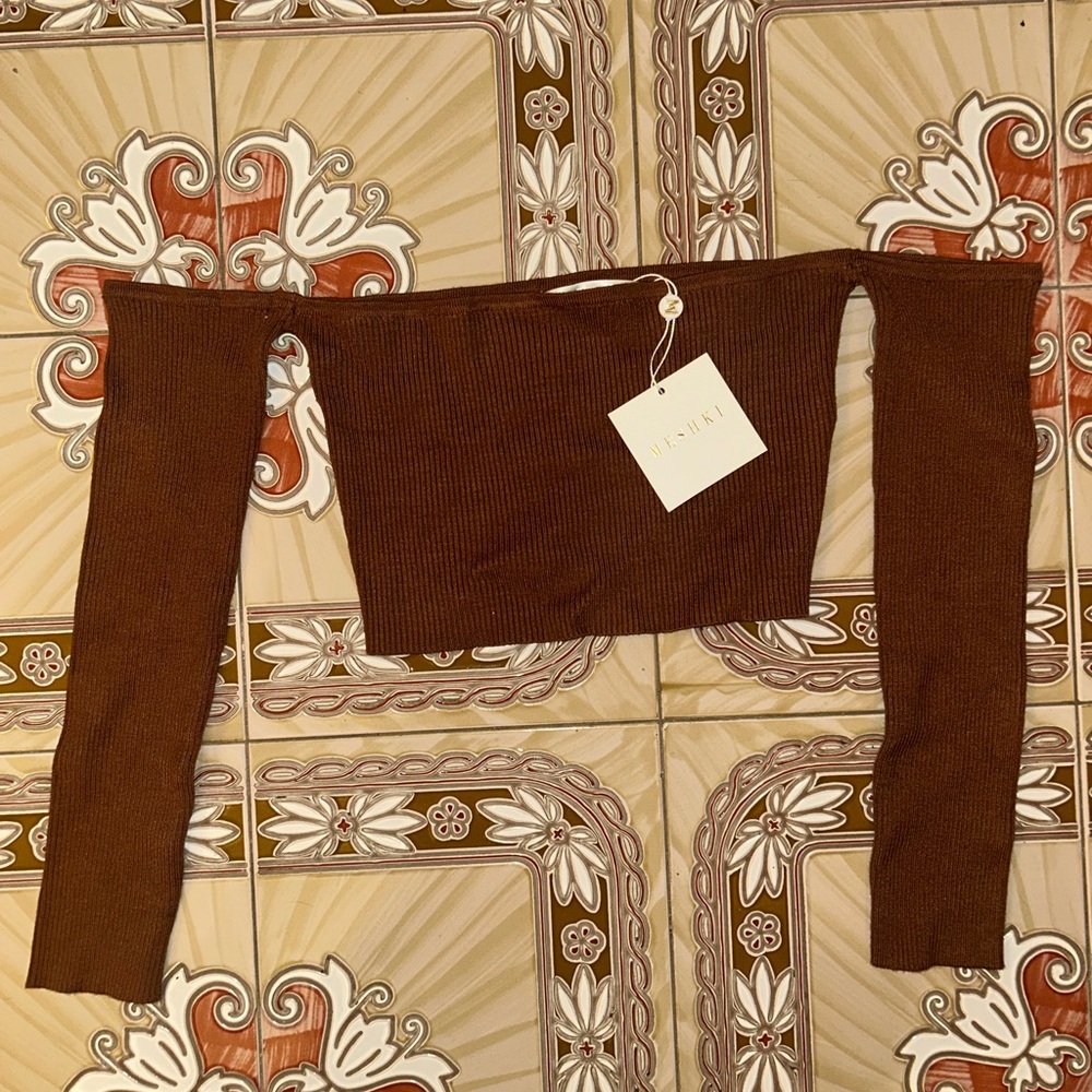 Meshki Brown Off-Shoulder Crop Top
